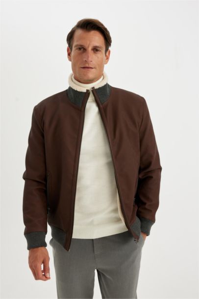 Slim Fit Lined Faux Leather Puffer Jacket