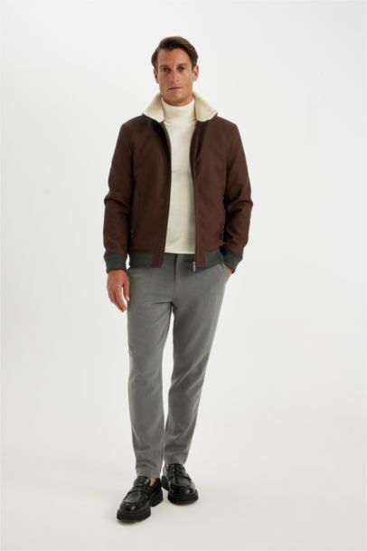 Slim Fit Lined Faux Leather Puffer Jacket