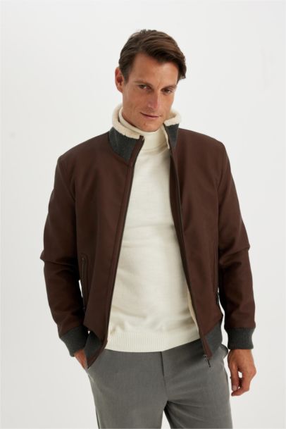 Slim Fit Lined Faux Leather Puffer Jacket