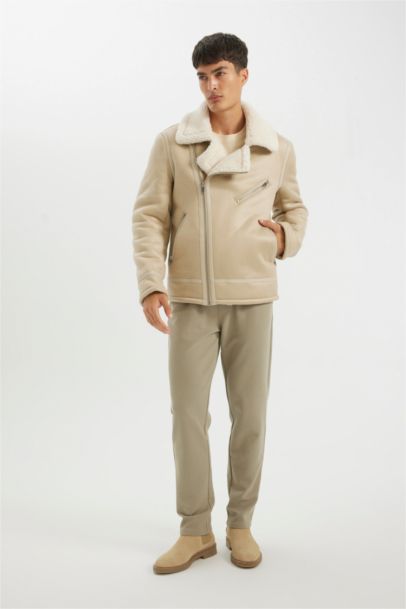 Slim Fit Dar Kesim Suni Kürk Astarlı Fermuarlı Cepli Süet Deri Kışlık Ceket Mont