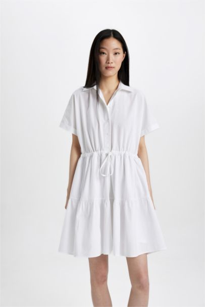 Robe Midi en Popeline à Manches Courtes et Col Chemise
