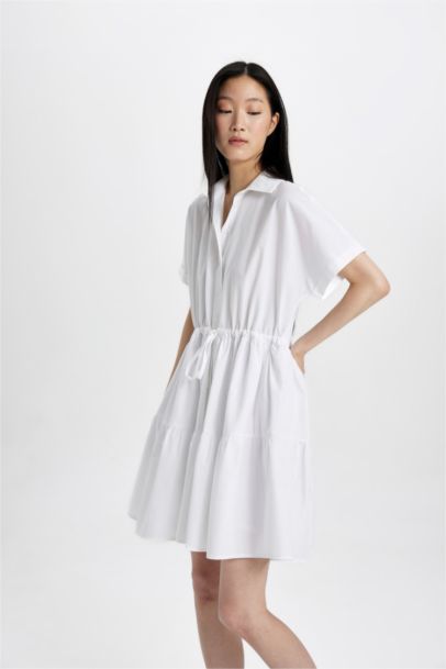 Robe Midi en Popeline à Manches Courtes et Col Chemise