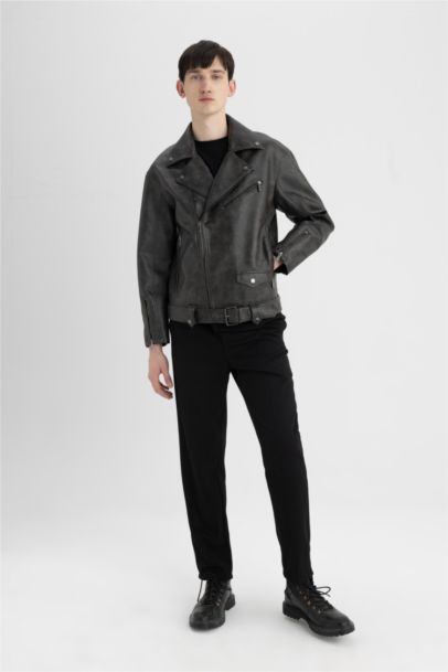 Slim Fit Polo Yaka Suni Deri Ceket Mont