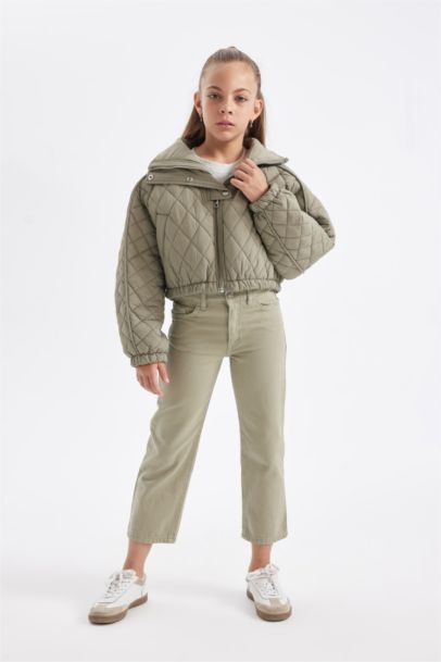 Su Geçirmez Dik Yaka Çıtçıtlı Kapitone Beli Lastikli Cepli Şişme Mont Kız Çocuk