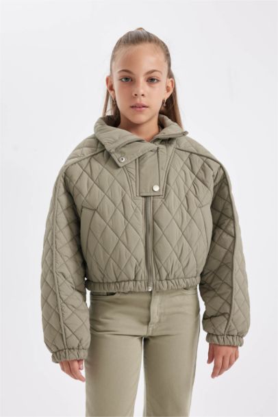 Su Geçirmez Dik Yaka Çıtçıtlı Kapitone Beli Lastikli Cepli Şişme Mont Kız Çocuk