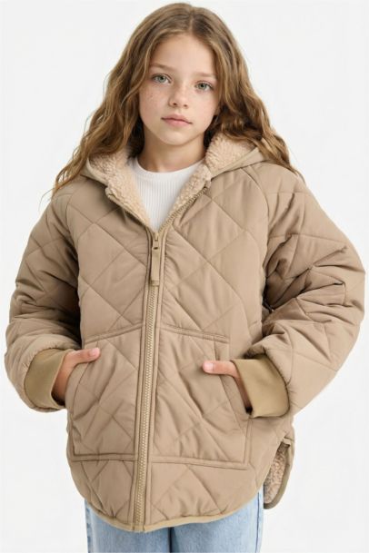 Girl Double Sided Hooded Zippered Quilted Jacket