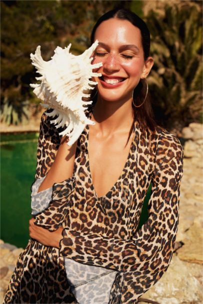 Fall in Love Regular Fit Leopard Patterned Tulle Beach Dress