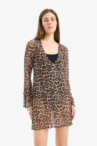 Fall in Love Regular Fit Leopard Patterned Tulle Beach Dress