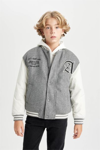 Boy College Collar Pocketed Bomber Jacket