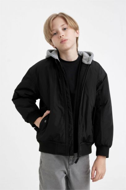 Su Geçirmez Çıkarılabilir Kapüşonlu Kolej Yaka Fermuarlı Ribana Kollu Bomber Mont Erkek Çocuk