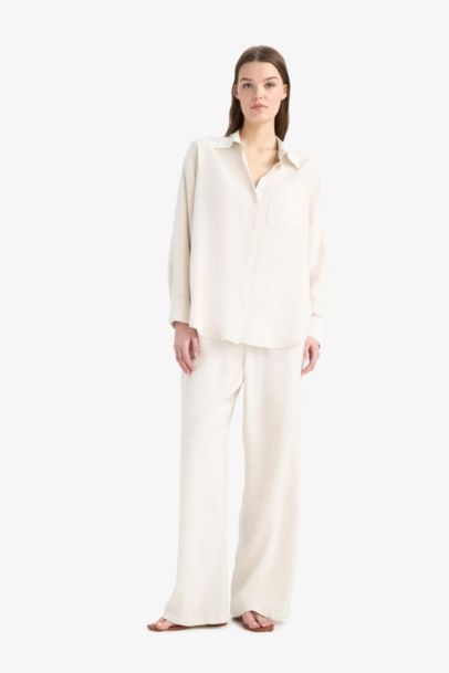 Wide Leg Double Pocket Striped Linen Blended Trousers