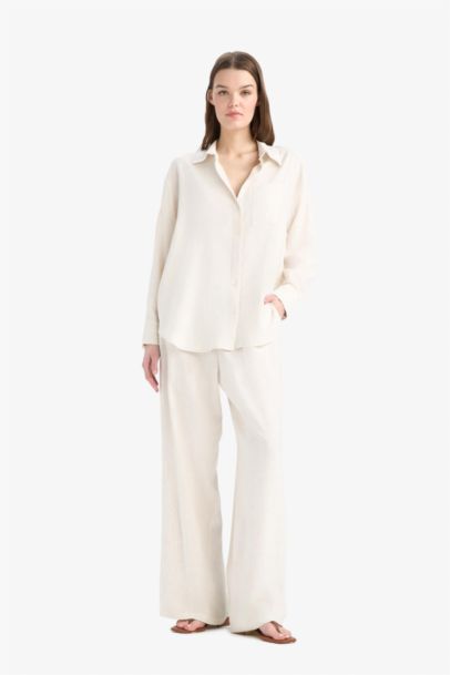 Wide Leg Double Pocket Striped Linen Blended Trousers