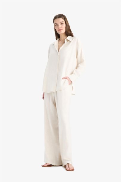 Wide Leg Double Pocket Striped Linen Blended Trousers
