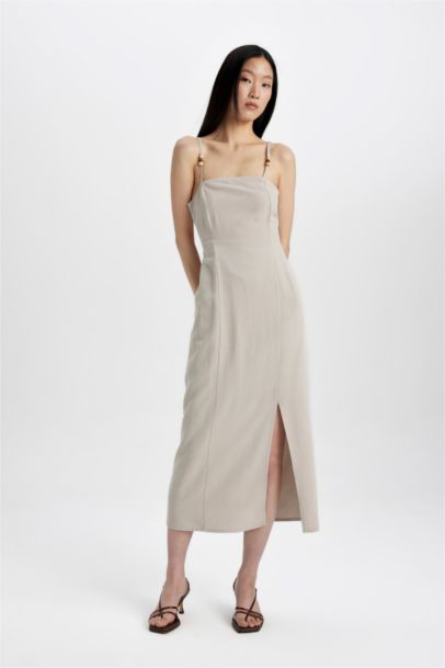 Slit Fit Square Neck Slit Linen Strap Dress