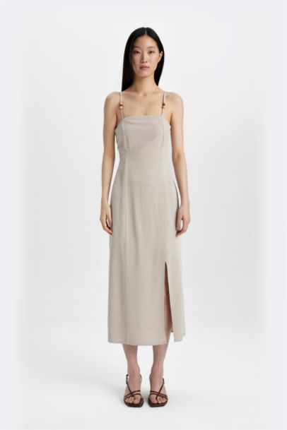 Slit Fit Square Neck Slit Linen Strap Dress