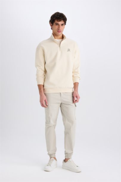 Comfort Regular Fit Rahat Kalıp Fermuarlı Dik Yaka Baskılı Sweatshirt