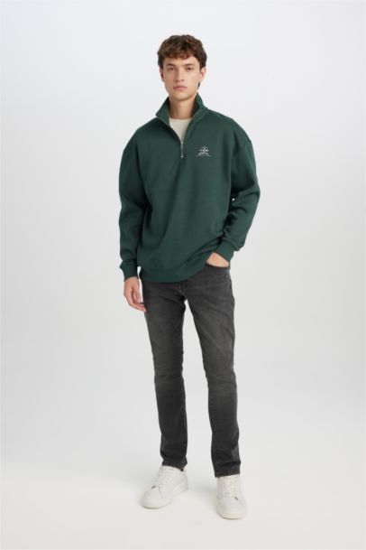 Comfort Regular Fit Rahat Kalıp Fermuarlı Dik Yaka Baskılı Sweatshirt