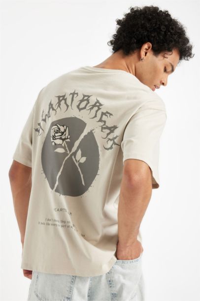 %100 Pamuk Comfort Regular Fit Rahat Kalıp Bisiklet Yaka Baskılı Kısa Kollu Tişört