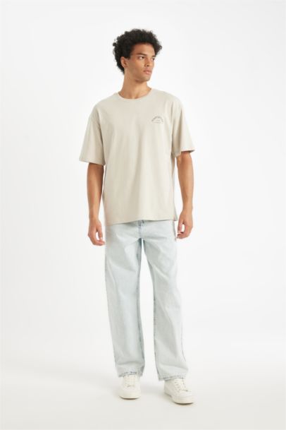 %100 Pamuk Comfort Regular Fit Rahat Kalıp Bisiklet Yaka Baskılı Kısa Kollu Tişört