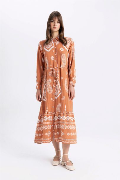 Shirt Collar Patterned Long Sleeve Maxi Dress