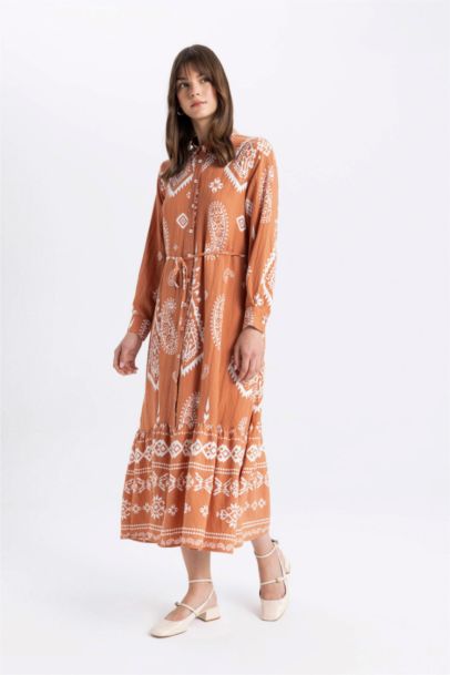 Shirt Collar Patterned Long Sleeve Maxi Dress