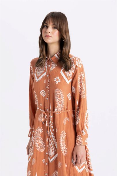 Shirt Collar Patterned Long Sleeve Maxi Dress
