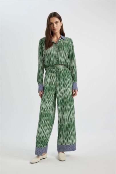Wide Leg Patterned High Waist Long Trousers