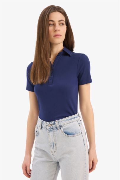 Slim Fit Dar Kesim Polo Yaka Fitilli Kaşkorse Kısa Kollu Tişört