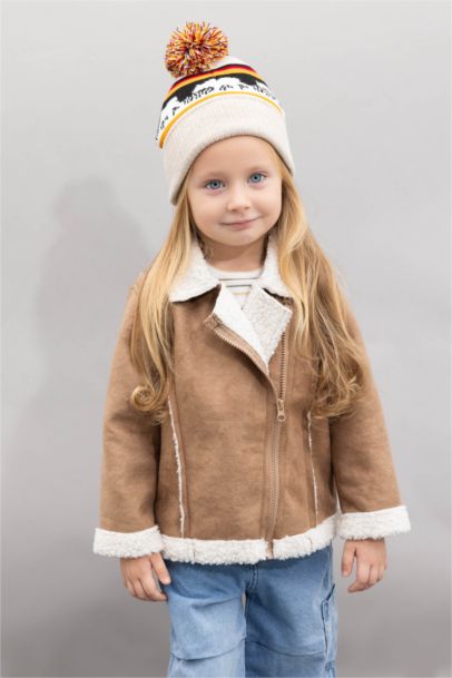 Baby Girl V Neck Faux Fur Lined Pocket Inside Polar Suede Jacket
