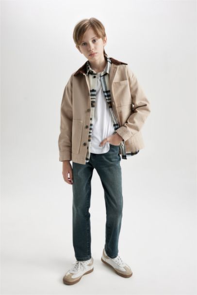 Boy Oversize Fit Polo Collar Gabardine Long Sleeve Shirt