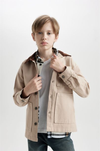 Boy Oversize Fit Polo Collar Gabardine Long Sleeve Shirt