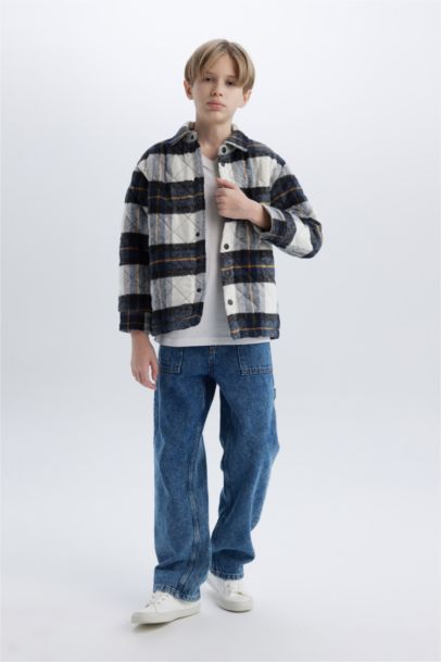Boy Oversize Fit Polo Neck Flannel Snap Closure Shirt Jacket