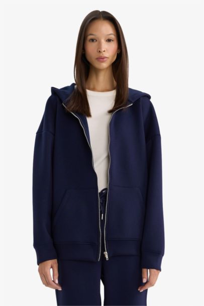 Oversize Geniş Kalıp Kapüşonlu Skuba Dalgıç Kumaş Fermuarlı Sweatshirt