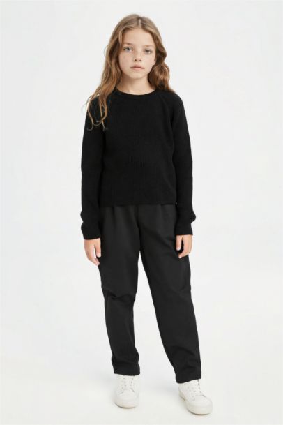 Girl Black Standard Fit Crew Neck Basic Knitted Pullover