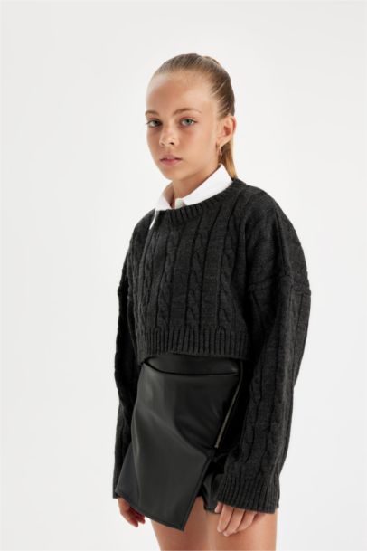 Crop Bisiklet Yaka Saç Örgülü Triko Kazak Kız Çocuk