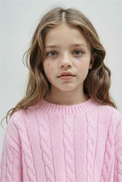 Crop Bisiklet Yaka Saç Örgülü Triko Kazak Kız Çocuk