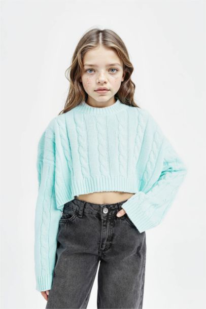 Girl Crew Neck Hair Knitted Acrylic Crop Pullover