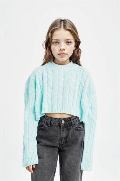 Girl Crew Neck Hair Knitted Acrylic Crop Pullover