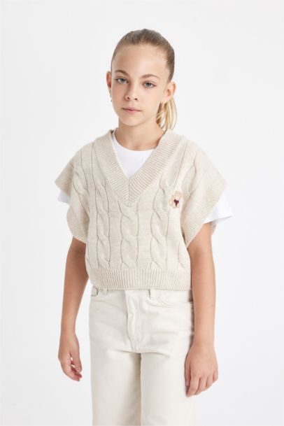 Kız Çocuk Oversize Geniş Kalıp V Yaka Triko Süveter