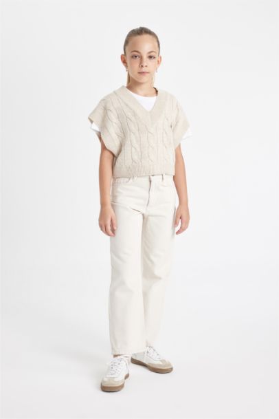 Kız Çocuk Oversize Geniş Kalıp V Yaka Triko Süveter