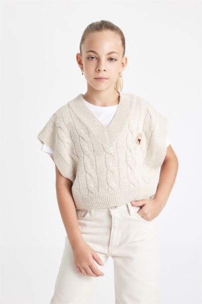 Kız Çocuk Oversize Geniş Kalıp V Yaka Triko Süveter