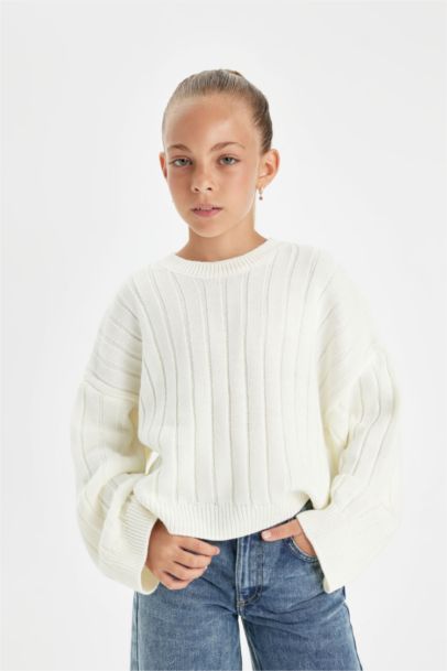 Girl Oversize Fit Crew Neck Basic Knitted Pullover