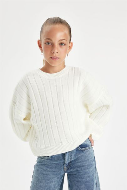 Girl Oversize Fit Crew Neck Basic Knitted Pullover