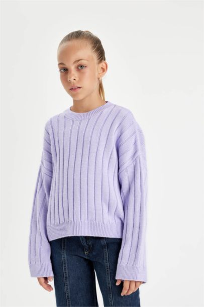 Girl Oversize Fit Crew Neck Basic Knitted Pullover