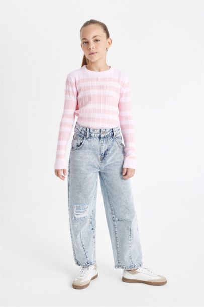 Girl Pink Striped Standard Fit Crew Neck Tight Knitted Pullover