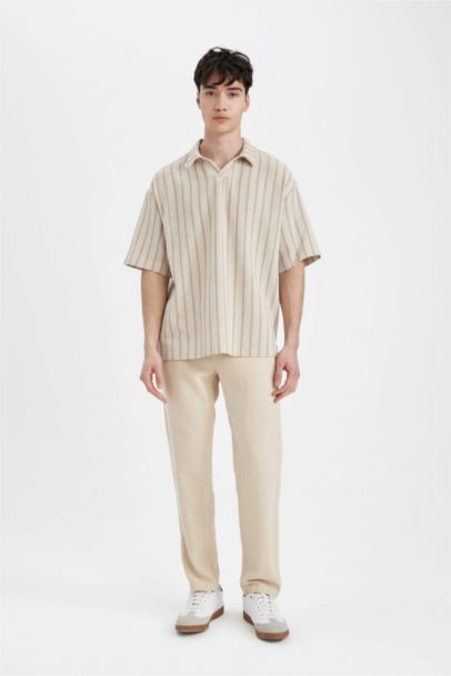 Oversize Geniş Kalıp Yazlık Polo Yaka Çizgili Kısa Kollu Gömlek