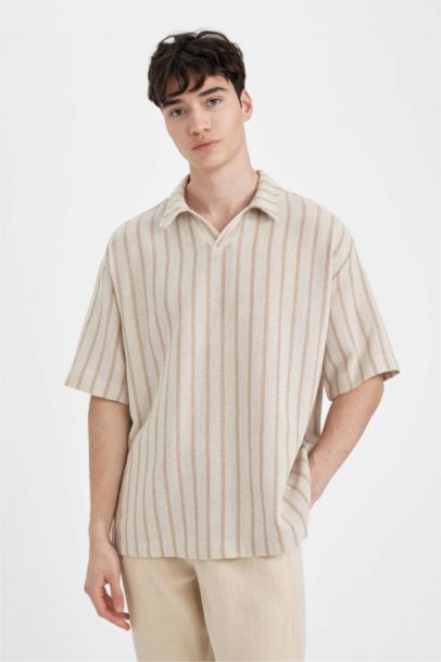 Oversize Geniş Kalıp Yazlık Polo Yaka Çizgili Kısa Kollu Gömlek