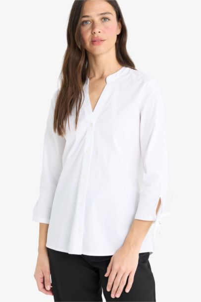 Chemise ajustée en bengaline à col rond et manches longues