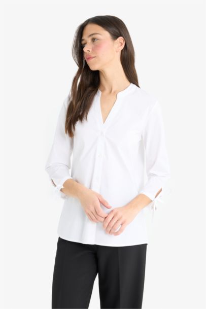 Chemise ajustée en bengaline à col rond et manches longues