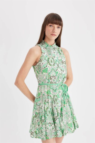 A Cut Shirt Collar Patterned Voile Sleeveless Mini Dress